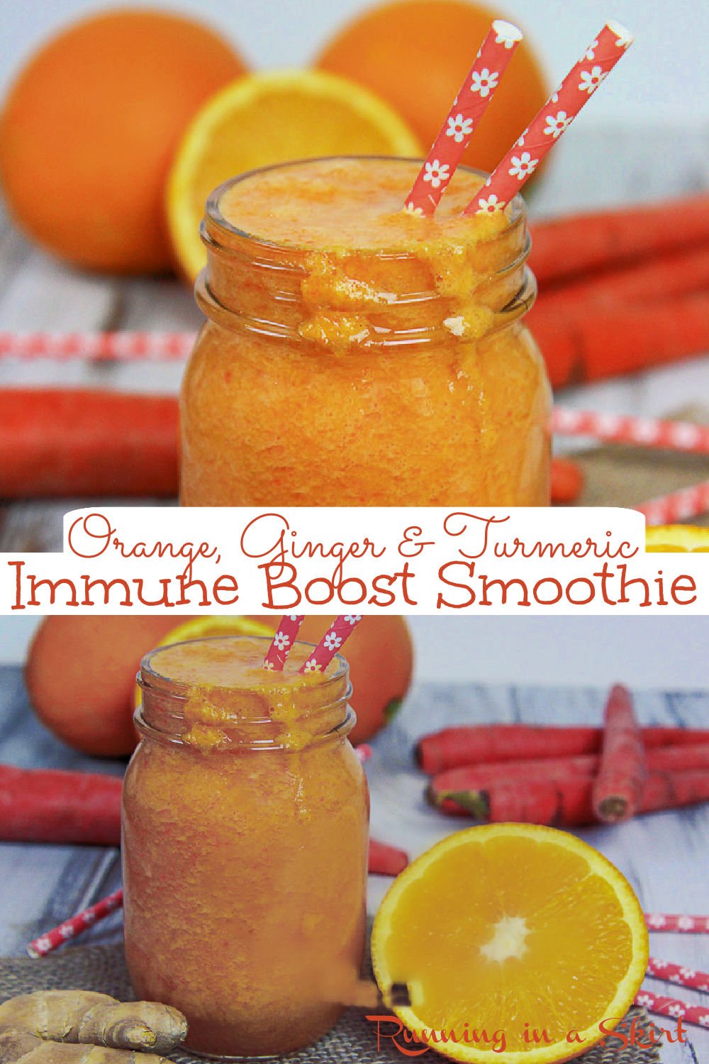 Immune Boosting & Anti Inflammatory Orange, Ginger & Turmeric Smoothie recipe. Great for a natural detox for the immune system and for inflammation. A dairy free, healthy smoothie with orange, ginger, turmeric, carrot and a touch of pineapple for natural sweetness. Eat for breakfast or a snack. Vegan, vegetarian & gluten free. / Running in a Skirt via @juliewunder