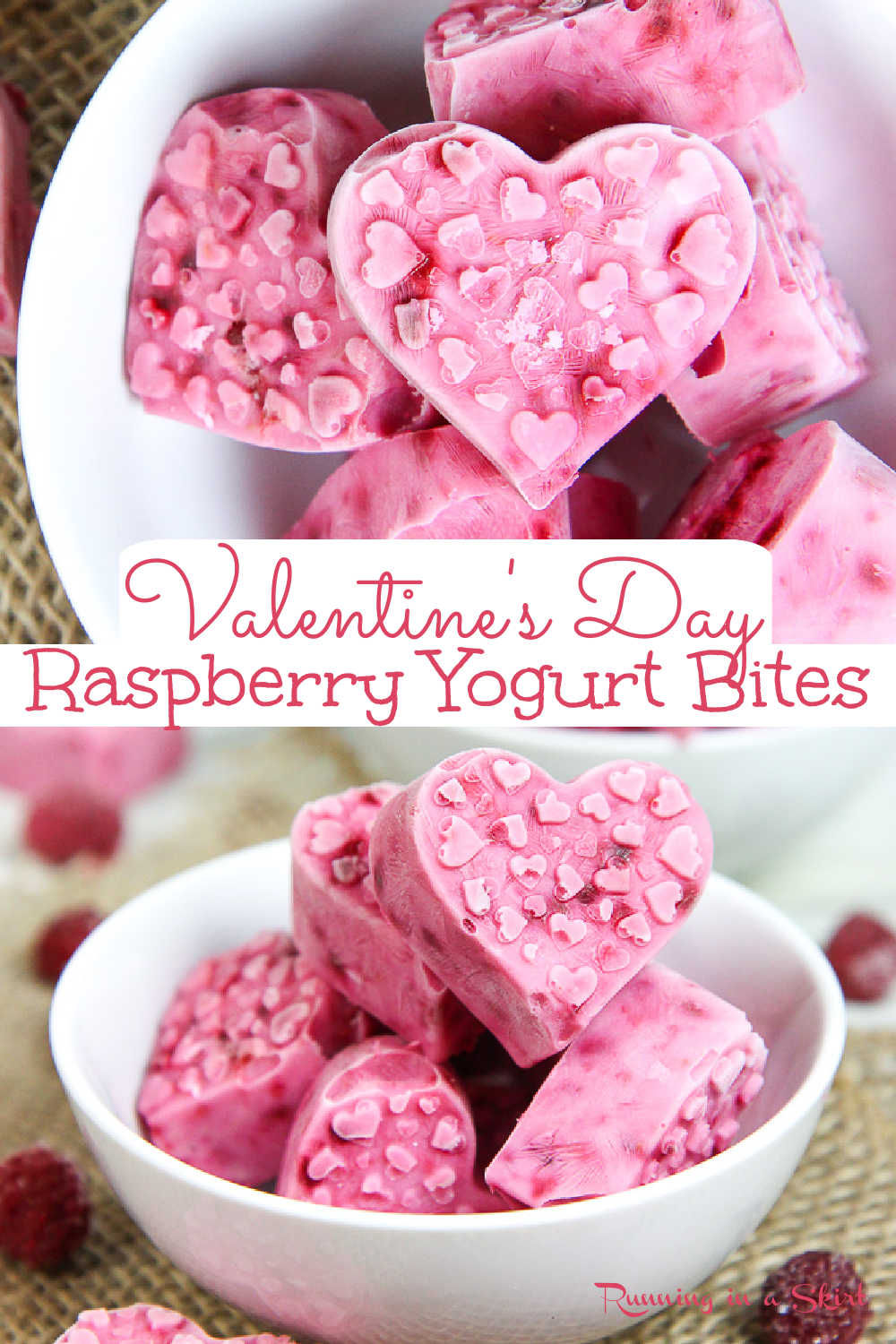 4 Ingredient Healthy, Frozen Raspberry Greek Yogurt Bites. The perfect fruit filled, gluten free, vegetarian low carb snack ideas for Valentine's Day. These easy, homemade and cute heart shaped DIY treats for kids or for adults only take 10 minutes to make. / Running in a Skirt via @juliewunder