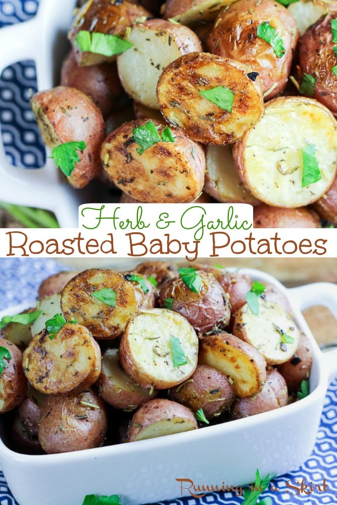 Oven Roasted Baby Potatoes recipe - oven baked to perfection in oven with herbs and garlic making a crispy potato. A simple, easy and delicious potato recipe. Vegan, Vegetarian, Clean Eating, Gluten Free & Dairy Free / Running in a Skirt #vegan #vegetaran #cleaneating #healthy #recipe #potato via @juliewunder