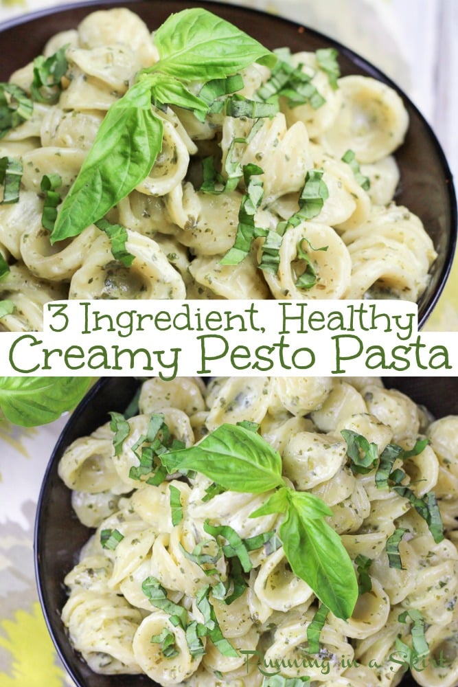 Healthy Creamy Pesto Pasta - only 3 Ingredients. Make with greek yogurt this simple and easy vegetarian dinner is great alone or you could add shrimp or chicken. Clean eating and delicious. / Running in a Skirt #greekyogurt #pesto #pasta #vegetarian #healthy #dinner via @juliewunder