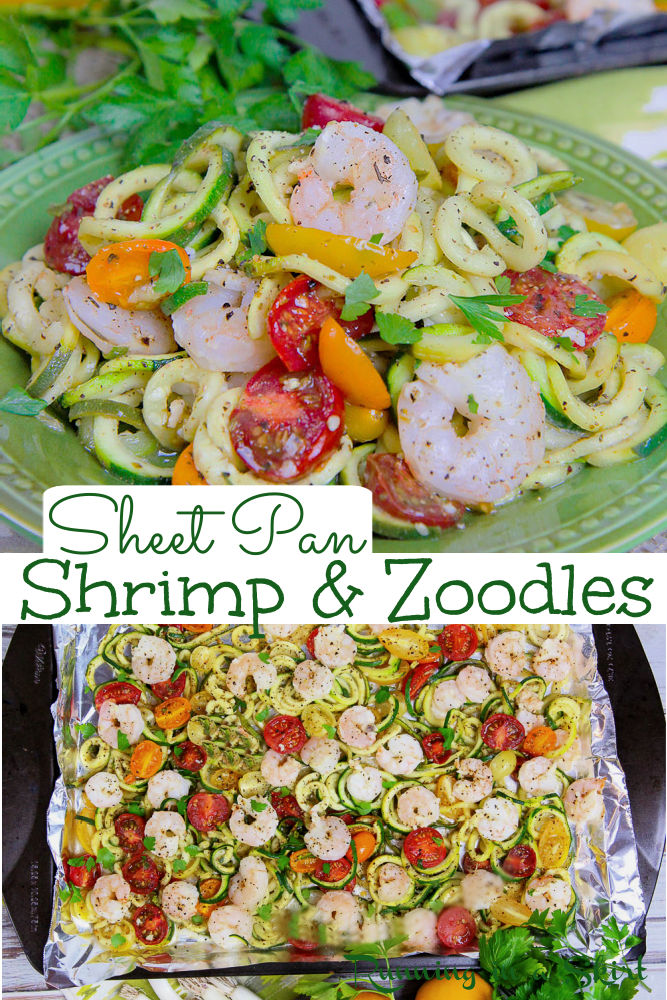 Sheet Pan Shrimp and Zoodles recipe – A healthy shrimp zoodles dinner recipe that’s low carb, gluten free, whole 30 and keto. This Sheet Pan Shrimp recipe is ready in 20 minutes and is topped with fresh lemon, garlic, spices, and veggies like tomato. Uses zucchini noodles instead of pasta for an easy pescatarian weekday dinner for two. Also clean eating & dairy free! This meal is simple and fresh. / Running in a Skirt #pescatarian #pescatariandinner #shrimpdinner #whole30 #lowcarb #glutenfree via @juliewunder