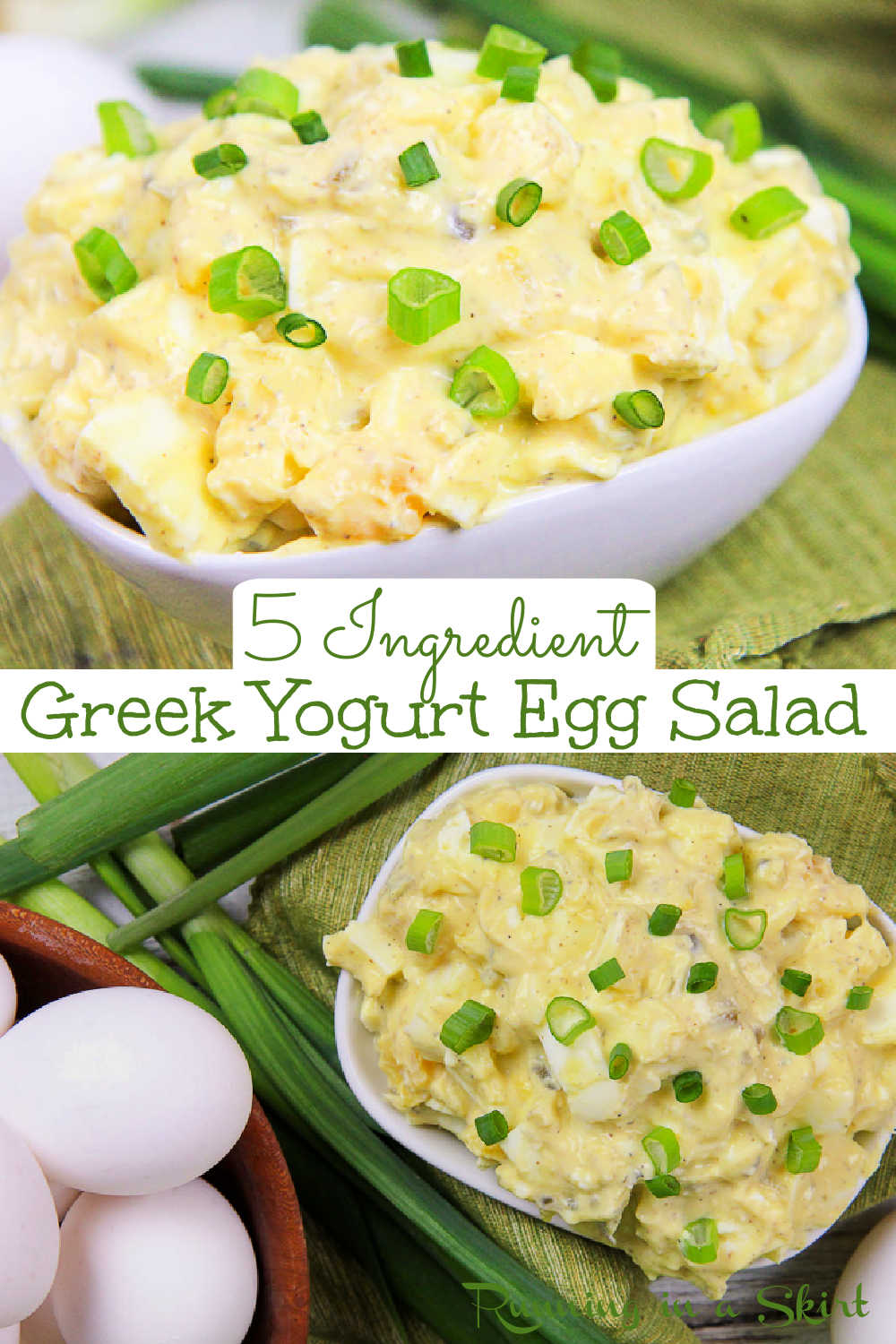 5 Ingredient Healthy (No Mayo!) Greek Yogurt Egg Salad recipe - An easy and simple vegetarian meal idea. Great for a sandwich, lunches, dinners and fun meals. Uses hard boiled eggs! Low carb, vegetarian, gluten free and clean eating / Running in a Skirt via @juliewunder