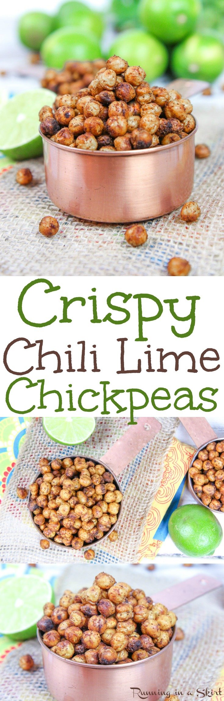 Healthy Chili Lime Crispy Chickpeas recipe - the perfect spicy snack! Oven roasted on a pan with olive oil and spices - includes a trick to actually get them crunchy! Vegan & gluten free / Running in a Skirt via @juliewunder