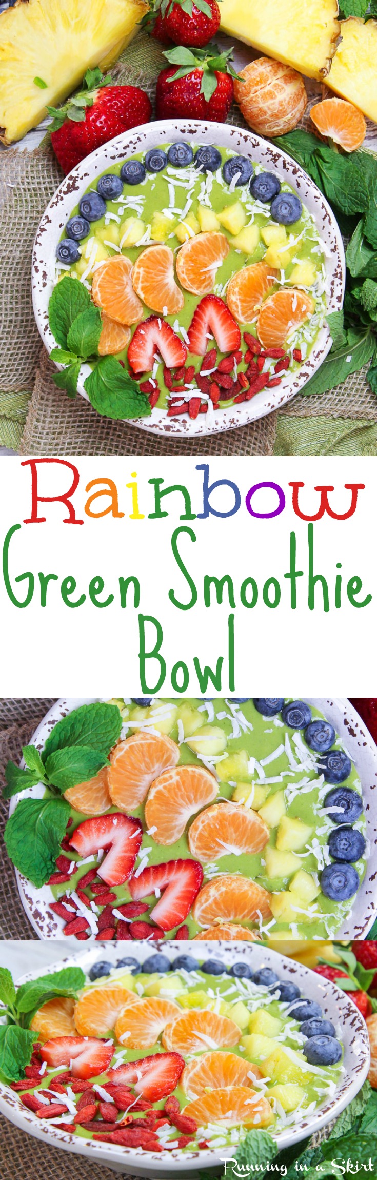 Rainbow Green Smoothie Bowl recipe. This healthy, vegan, easy breakfast uses mango plus spinach or kale! The fruit and berries toppings make the rainbow. Includes frozen banana but there is also a no banana option. Raw Vegan, Vegetarian, Clean Eating, Gluten Free & Dairy Free / Running in a Skirt via @juliewunder