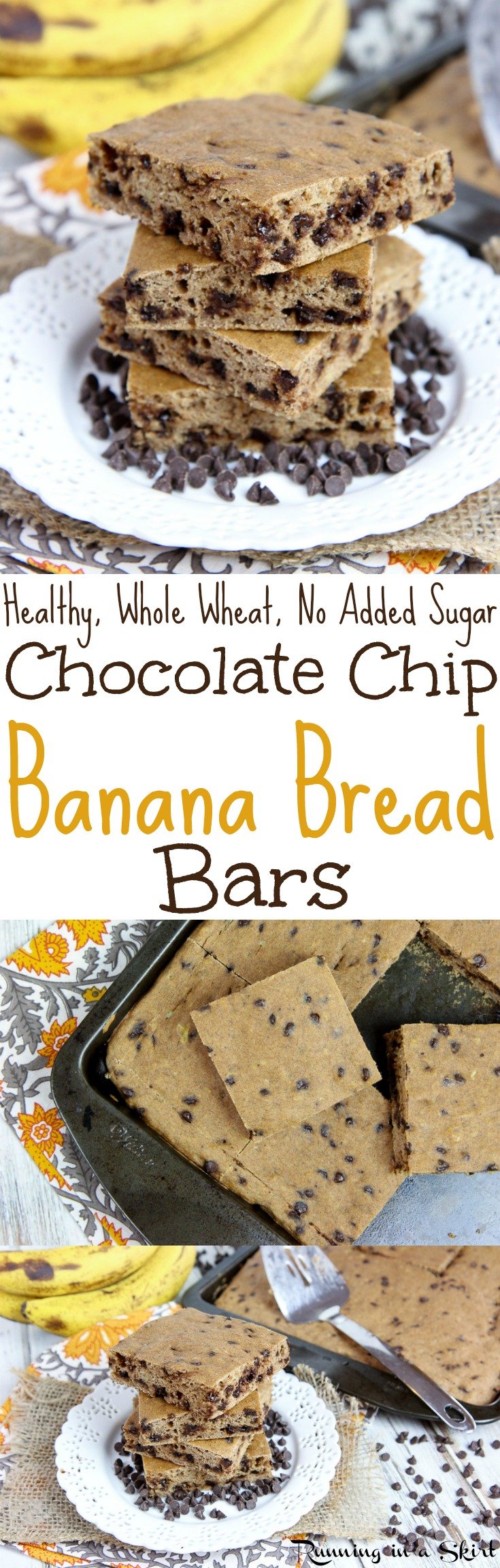 The Best Healthy Chocolate Chip Banana Bread Bars recipe - an easy, simple recipe for desserts or snacks... the perfect sweet treats!  Dairy free & added sugar free. / Running in a Skirt via @juliewunder