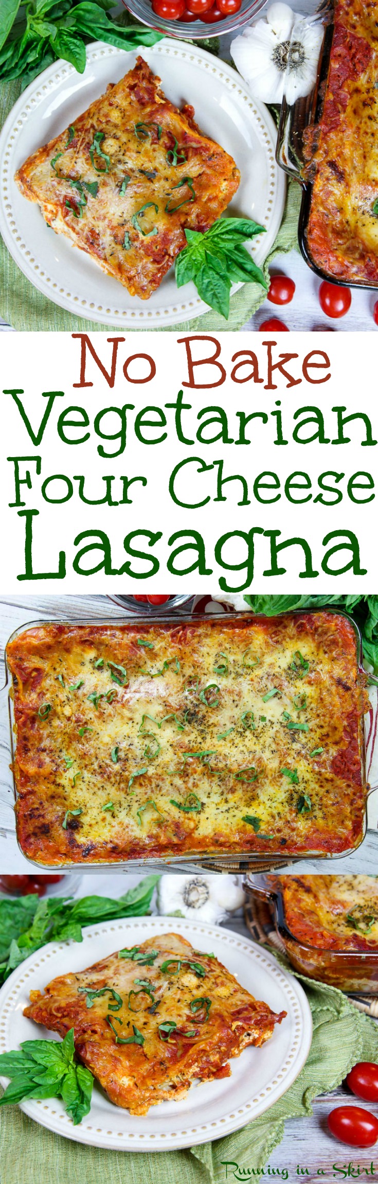 The Best Easy Vegetarian Lasagna recipe - No Boil! This simple, four cheese, classic lasagna is perfect for a crowd. Uses cheesy ricotta, tomato sauce and noodles. Tastes amazing and you can make ahead. / Running in a Skirt via @juliewunder