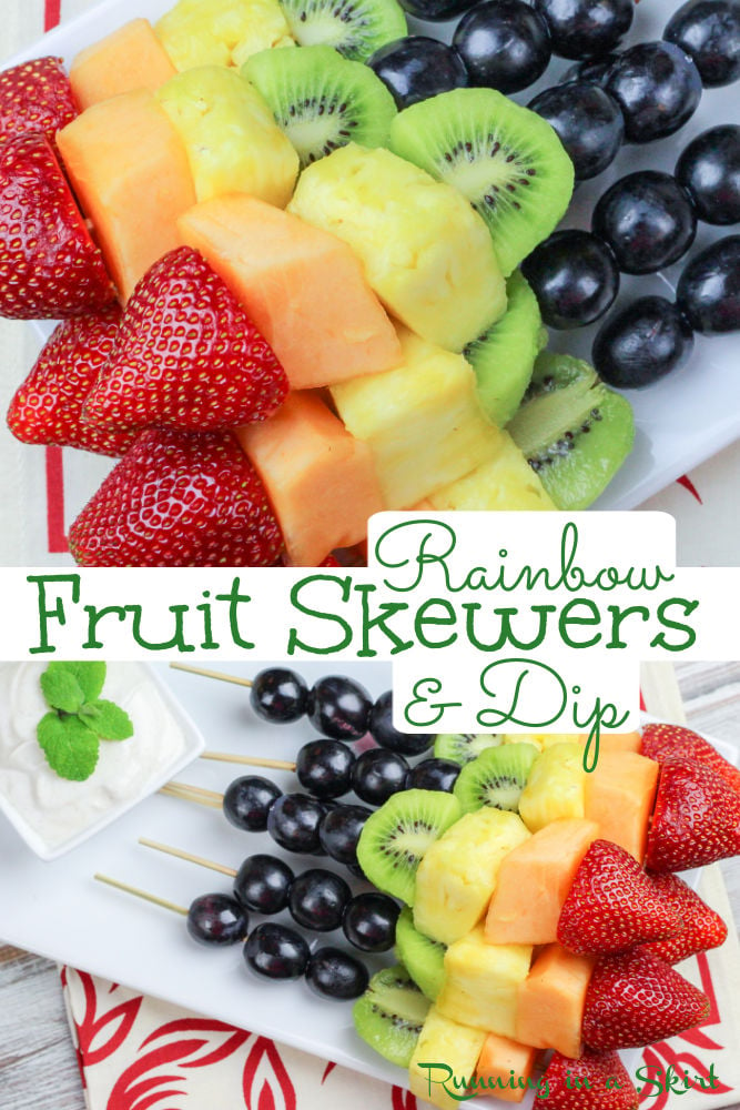 Rainbow Fruit Skewers recipe with Healthy Greek Yogurt Dip- the perfect fun kabobs snack ideas for a summer parties or St. Patrick's Day. Includes two dips desserts- Honey Almond Dip and Honey Lime Dip. / Running in a Skirt via @juliewunder