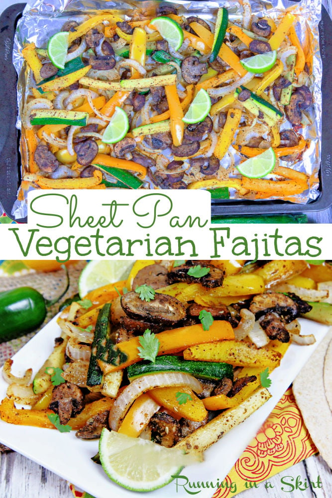 Sheet Pan Vegetarian Fajitas recipe - Healthy Vegan Fajitas with veggies like onion, bell pepper, zucchini and portobello mushrooms and homemade fajitas seasoning recipe. Made in the oven and then assemble with your favorite fajitas tortillas and toppings or make into a Vegetarian Fajitas Bowl. An easy and simple vegetarian sheet pan meal made in 20 minutes! Gluten Free, Low Carb & Paleo / Running in a Skirt #fajitas #mexican #vegetarianmexican #healthyrecipe #sheetpanmeal #weekdaydinner #vegan via @juliewunder