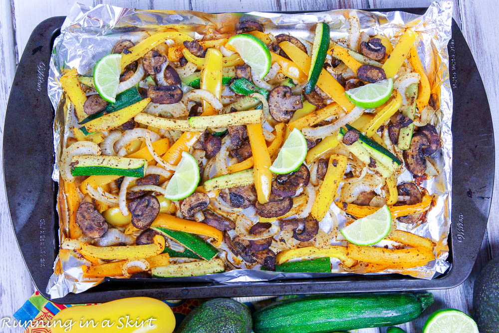 Cooked Vegetarian Fajitas on a sheet pan.