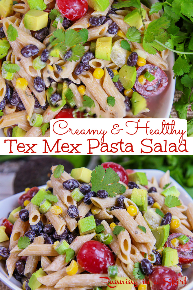 Tex Mex Pasta Salad recipe with a Greek Yogurt Chipotle Lime Ranch Dressing - Creamy, Healthy & Vegetarian. Looking for easy Mexican pasta salad recipes with black beans, frozen corn, tomato and creamy avocado and salad dressing? This one is healthy, light and delicious. Perfect for cookouts, lunch or potlucks. Recipe includes option for a vegan dressing. Serve room temperature or cold. Clean Eating, Vegetarian / Running in a Skirt #vegetarian #mexican #healthyrecipe #pastasalad #potluck via @juliewunder