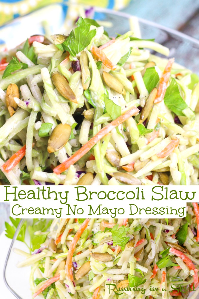 Healthy Broccoli Slaw Recipes - Made with greek yogurt dressing and sunflower or pumpkin seeds. The perfect summer salad! Clean eating and packed with veggies. Light dressing without sugar. Perfect for lunches, potlucks or dinners. Vegetarian, Low Carb & Gluten Free / Running in a Skirt via @juliewunder