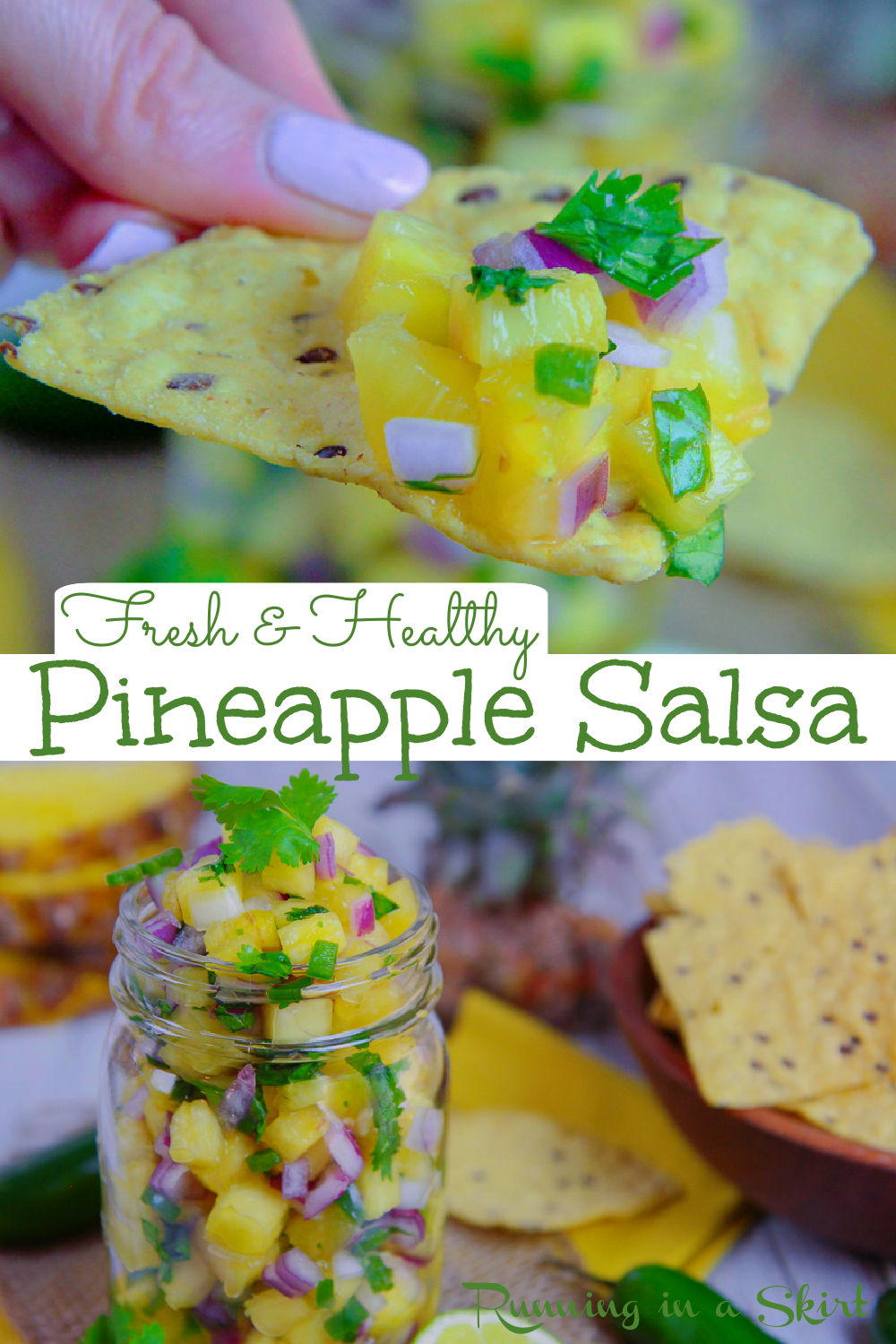 Pineapple Salsa recipe- Easy, Healthy & Fresh Fruit Salsa that's perfect for chips, chicken, salmon, or fish! Great with fish tacos or grilled salmon tacos. Made with just five ingredients - pineapple, jalapeno, red onion, cilantro, and lime. This is the best quick and easy Pineapple Salsa ever! The perfect Mexican flavors. Vegan, Vegetarian, Gluten Free / Running in a Skirt #pineapplesalsa #fruitsalsa #mexican #tacos #healthyrecipes via @juliewunder