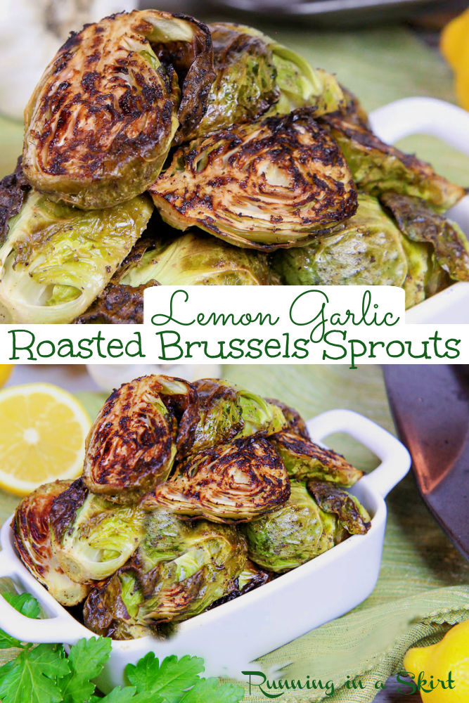 The Best Crispy Oven Roasted Brussels Sprouts with garlic recipe - seasoned with lemon - vegan friendly! These easy, healthy, quick and simple sprouts are the perfect veggies side dish with only a handful of ingredients. Also vegetarian, low carb, gluten free, 21 day fix, whole 30 and paleo. / Running in a Skirt via @juliewunder