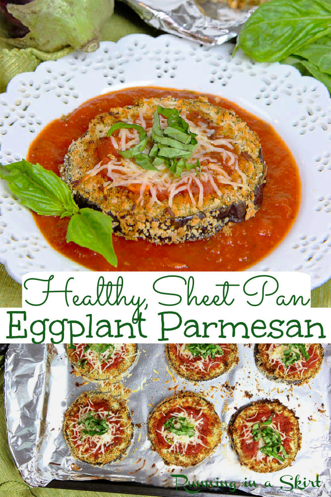 Sheet Pan Eggplant Parmesan – no fry but still crispy! This Eggplant Parmesan Baked Sheet Pan is a simple, easy and healthy vegetarian dinner idea. This Sheet Pan Eggplant Parm is topped with tomato sauce, cheese and basil and is the perfect healthy twist to classic Italian eggplant parmesan. Low Carb with no pasta. Clean Eating / Running in a Skirt #vegetarian #vegetariandinner #lowcarb via @juliewunder