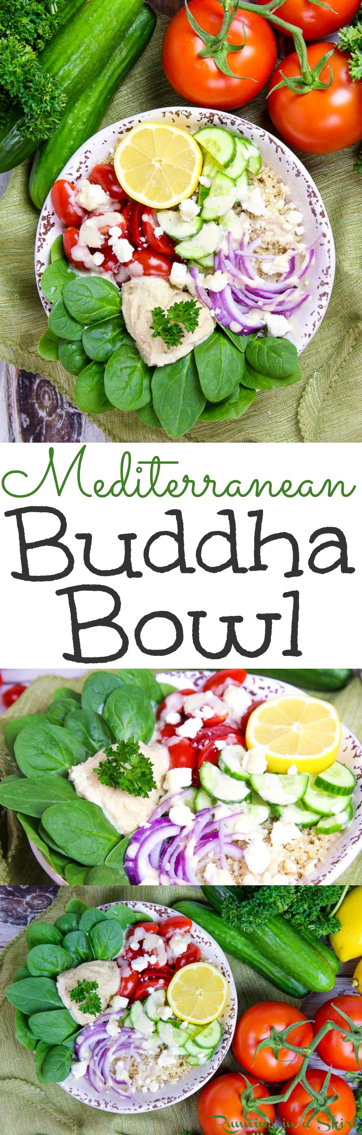 Healthy Mediterranean Buddha Bowl recipe with Lemon Tahini Dressing. Looking for easy plant based healthy recipes for dinner or lunch? Try this power bowl with simple ingredients like quinoa, spinach, hummus and the perfect sauce. Vegetarian, vegan option, gluten free and low carb! / Running in a Skirt via @juliewunder