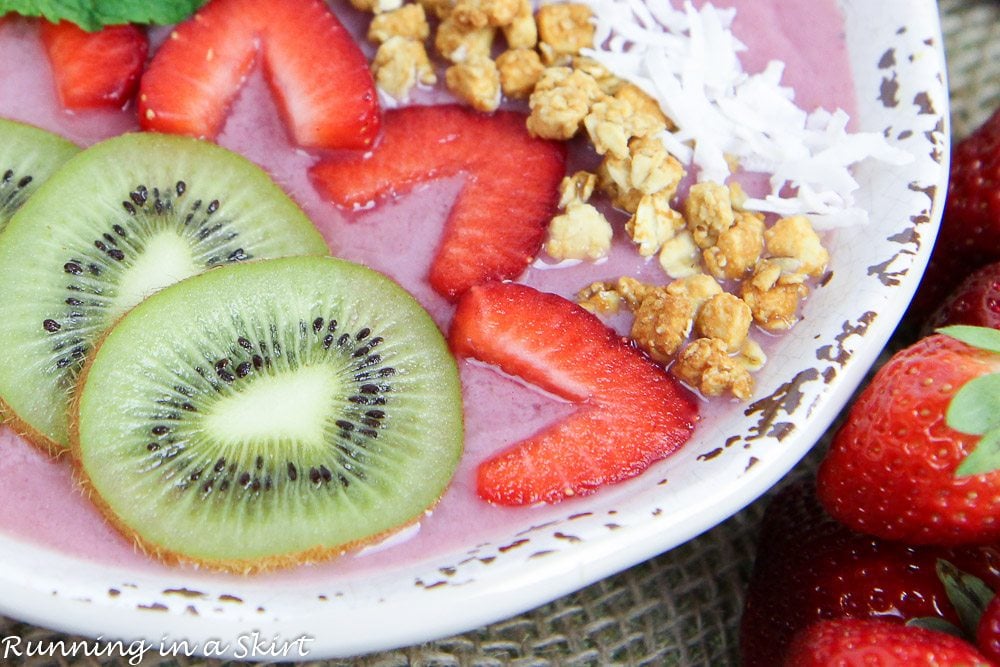 Close up of Kiwi Strawberry Smoothie Bowl Recipe in a bowl.