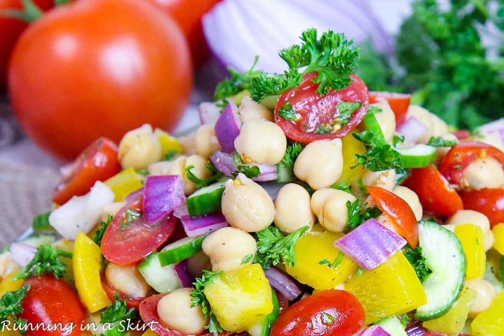 A bowl of rainbow vegan chickpea salad.