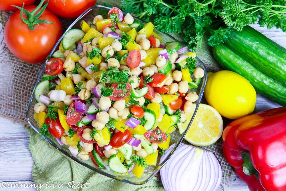 A bowl of rainbow vegan chickpea salad.