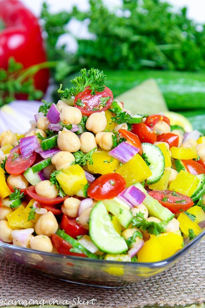 A bowl of rainbow vegan chickpea salad.