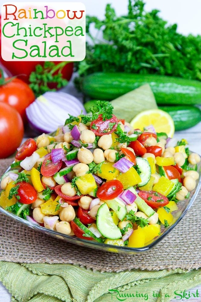 A bowl of rainbow vegan chickpea salad.