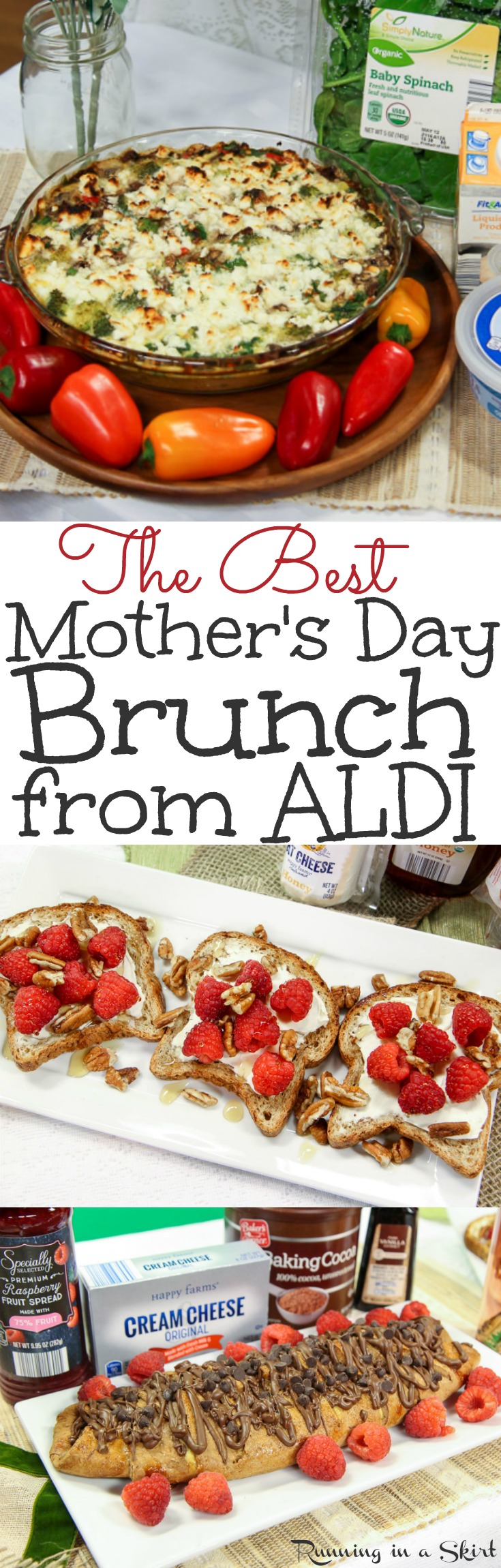 The Best Mother’s Day Brunch recipes and ideas.  Includes awesome decorations for cute buffet food and an easy, healthy menu from ALDI.  Also has drinks like a mimosa bar plus simple savory make ahead eggs casseroles, toast and dessert.  Vegetarian option included. / Running in a Skirt  via @juliewunder