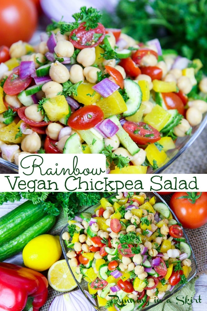 Vegan Chickpea Salad recipe featuring rainbow vegetables and a light mediterranean inspired, no mayo dressing. This healthy salad is simple, easy and delicious. Perfect for summer vegan potluck ideas. / Running in a Skirt #vegan #potluck #recipe #veganpotluck #chickpeas via @juliewunder