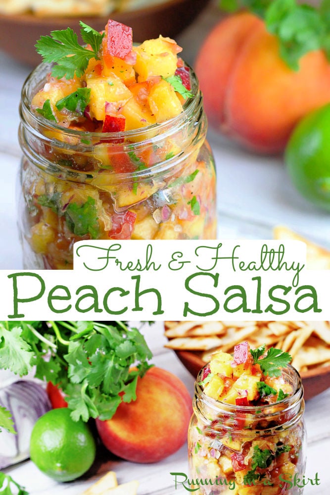 The Best Fresh Peach Salsa recipe. This 6 Ingredient simple, easy and healthy fruit salsa is perfect for summer. Uses lime juice, cilantro, jalapeno and a tomato. Uses include a homemade dip with chips for an appetizer or a topping for grilled fish like salmon or tilapia, shrimp or tacos for dinner. No cooking required! Vegan and gluten free. / Running in a Skirt via @juliewunder