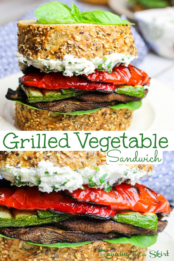 Healthy Grilled Vegetable Sandwich with easy, homemade Herbed Goat Cheese recipe. Stacked high with mushrooms, red peppers, and zucchini. If you are looking for vegetarian grilling recipes, this is the perfect one! | Running in a Skirt via @juliewunder