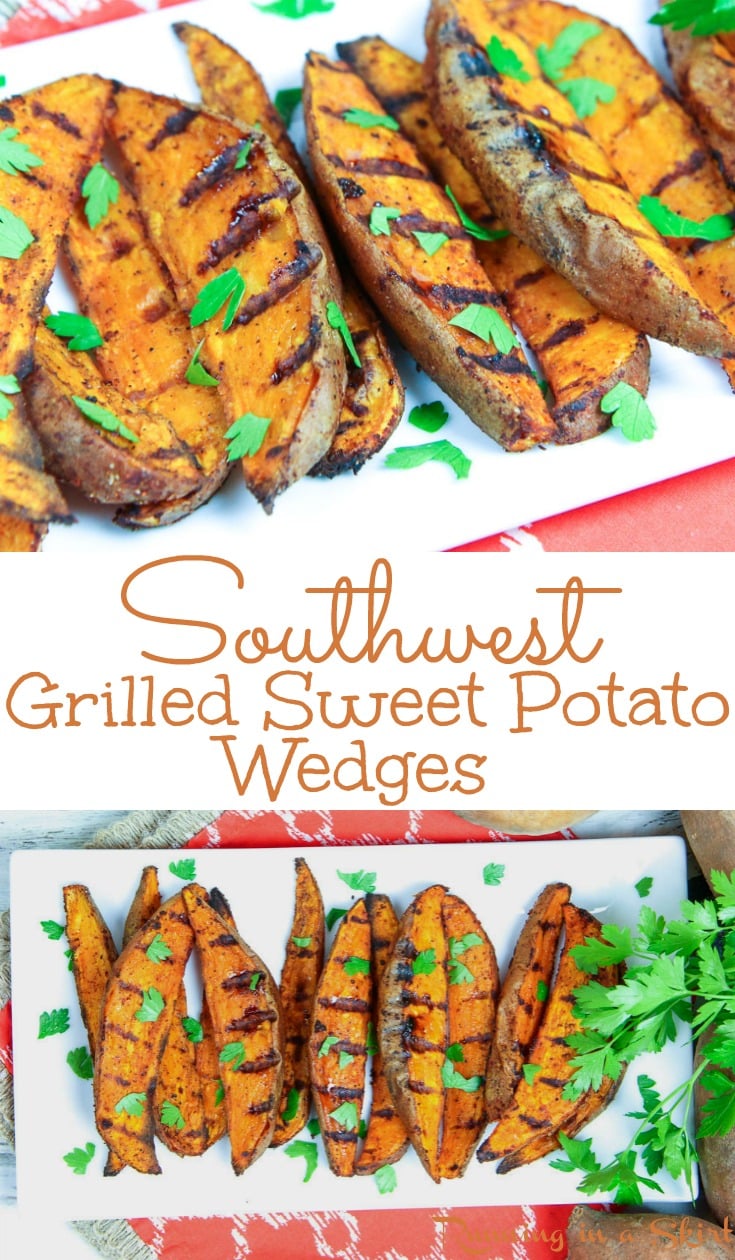 Healthy Southwest Grilled Sweet Potato Wedges with Cilantro recipe - the best easy vegan and dairy free grilling recipe! Simple and made with olive oils and chipotle. The recipe includes options for dipping sauces. / Running in a Skirt via @juliewunder
