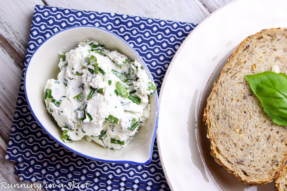 Process photos showing how to mix the herbed goat cheese.