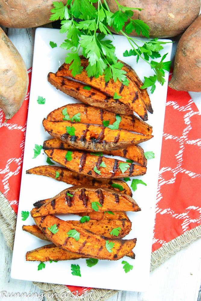 Healthy Southwest Grilled Sweet Potato Wedges recipe overhead photo.