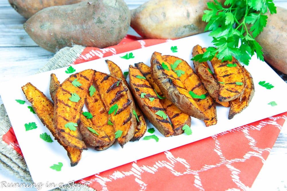 Healthy Southwest Grilled Sweet Potato Wedges recipe on a white plate.