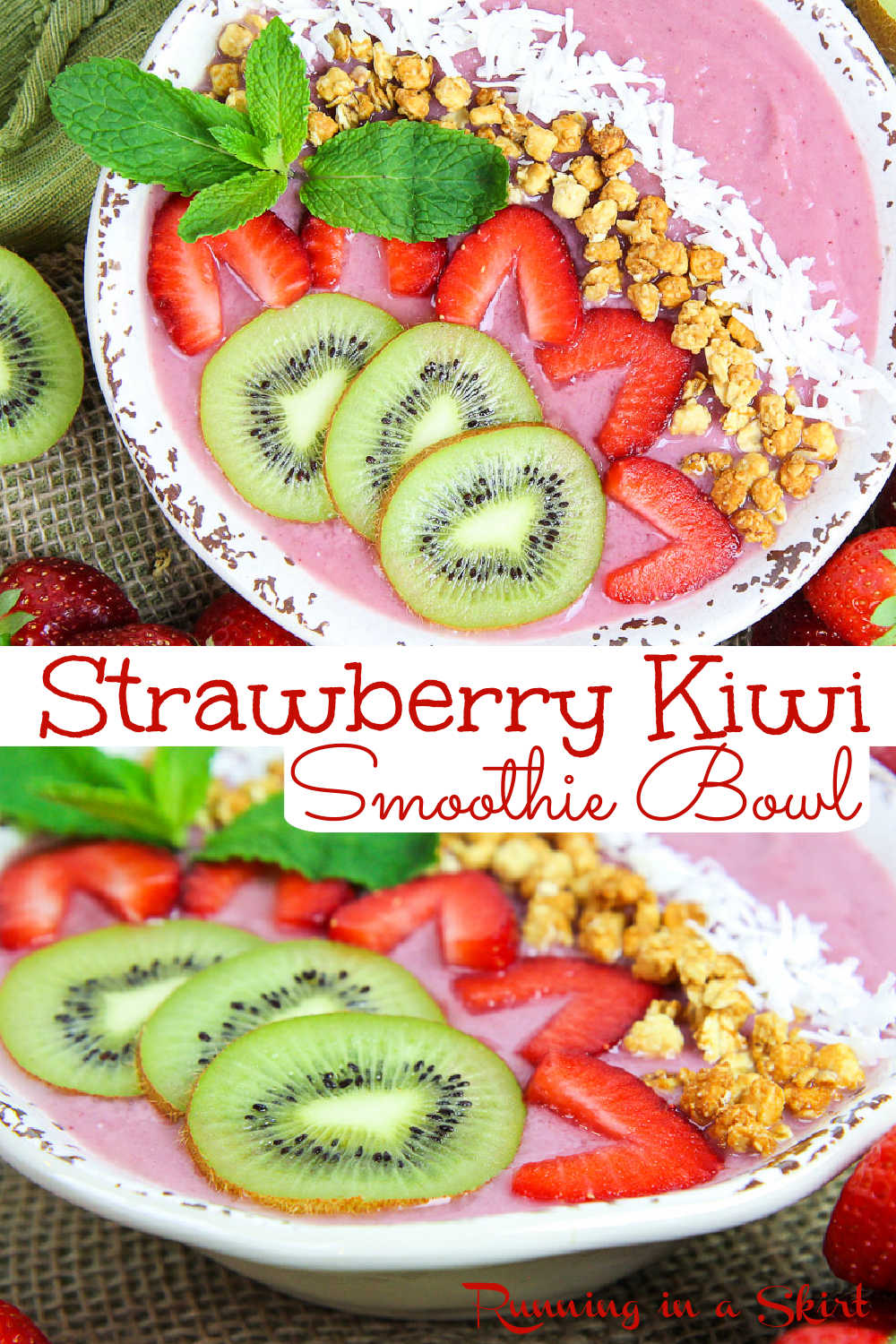 Strawberry Kiwi Smoothie Bowl recipe - A Healthy Strawberry Smoothie Bowl recipe with strawberry, kiwi, banana and protein powder. Great clean eating smoothie bowls recipe for breakfast or a healthy snack. Easy, simple and topped with granola and coconut. You will love this thick smoothie bowl recipe with kiwi - only 5 ingredients! Vegan, Vegetarian, Gluten Free, Dair-Free / Running in a Skirt #vegan #smoothiebowl #vegetarian #cleaneating #healthyliving #smoothie #glutenfree via @juliewunder