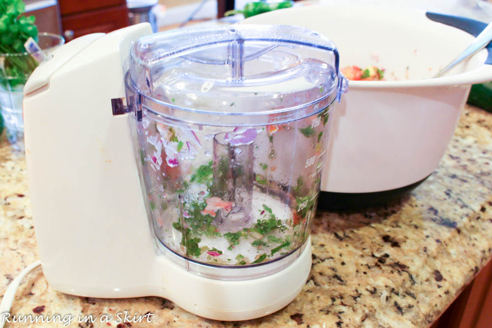 Process photo showing how to chop and mix the salsa.