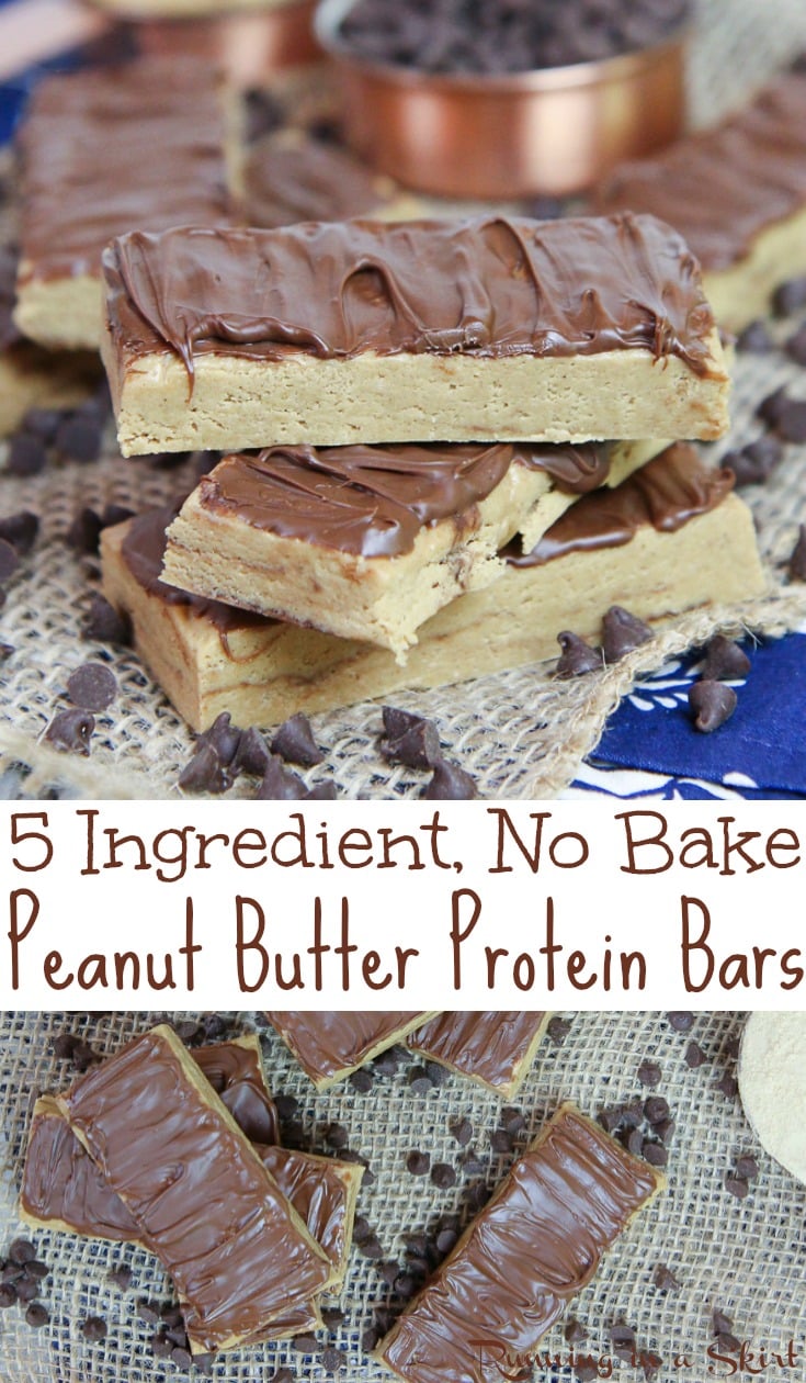 Healthy & Homemade No Bake Peanut Butter Protein Bars recipe - Only 5 Ingredients! These easy, low carb, clean eating and simple bars are made with oatmeal, peanut butter, honey, and @PremierProtein Vanilla Protein Powder and topped with chocolate. No refined sugar. Great for breakfast or a fit snack. Vegetarian and gluten free. / Running in a Skirt AD #healthy #protein #baking #nobake #vegetarian #glutenfree #peanutbutter #sweets #fitness via @juliewunder