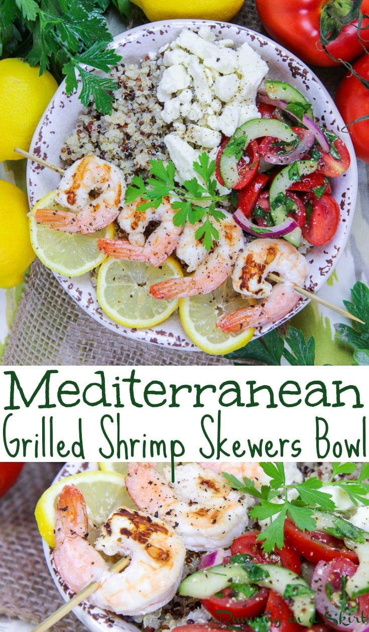 Easy & Healthy Mediterranean Grilled Shrimp Skewers Bowl - This shrimp bowl recipe is clean eating and packed with fresh vegetables, lemon, quinoa and feta. Includes the best marinade for shrimp. A perfect dinners for families or busy lunch. Pescatarian & Gluten Free / Running in a Skirt AD @briannassalad #shrimp #healthy #dinner #recipe #seafood #grilling #Mediterranean via @juliewunder