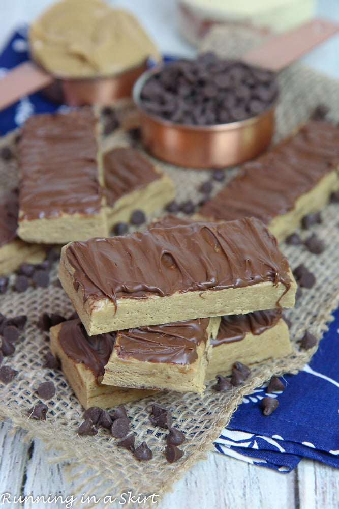 A stack of no bake peanut butter protein bars.