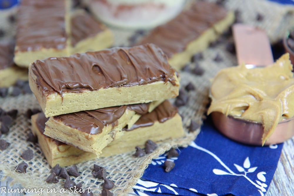 A stack of no bake peanut butter protein bars.