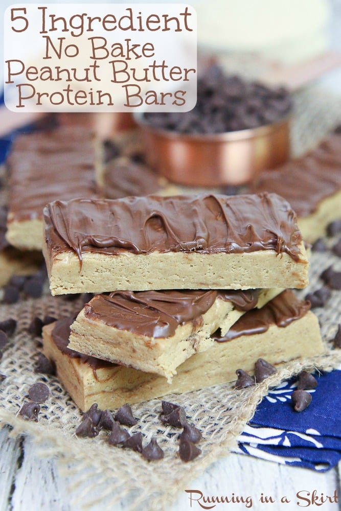 A stack of no bake peanut butter protein bars.