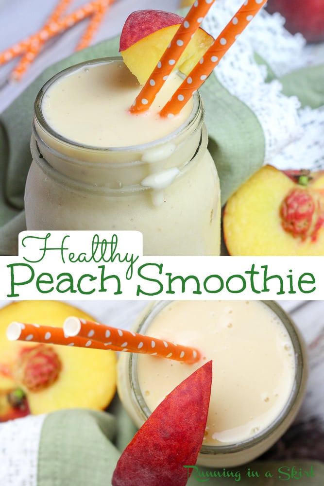 5 Ingredient Healthy Peaches and Cream Smoothie recipe - the best easy summer breakfast or snack for your blenders! This simple Creamy Peach Smoothie uses frozen fruit, almond milk and greek yogurt but also includes how to make directions for a dairy free or vegan version. Clean eating & no added sugar. / Running in a Skirt #peach #recipe #smoothie #healthy #fruit #summer via @juliewunder