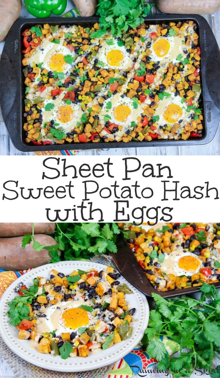 Healthy Sheet Pan Southwest Sweet Potato Hash with Eggs recipe - Perfect for breakfast, brunch or dinner. Uses veggies and black beans for a one pan meatless monday meal. A simple and fun way to start mornings and a twist on a classic breakfast casserole for families. Clean eating, Whole30 & Gluten Free. / Running in a Skirt AD @briannassalad #cleaneating #healthy #recipe #sweetpotato #eggs #vegetarian #breakfast #brunch via @juliewunder