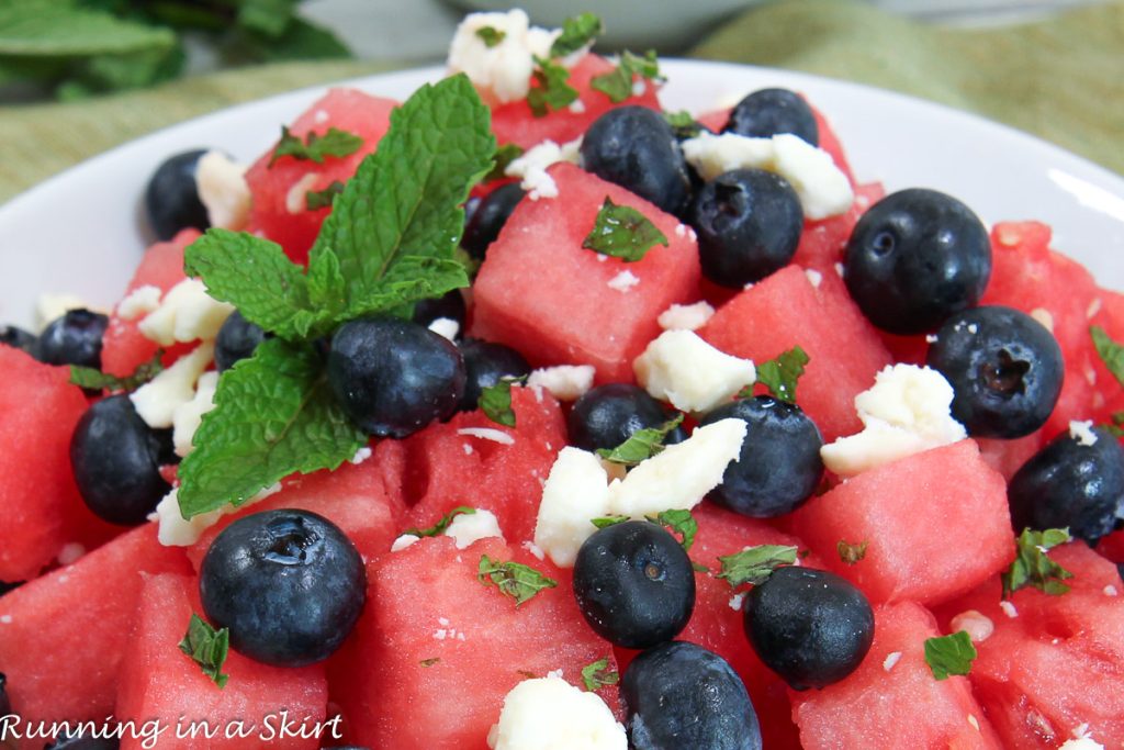 Watermelon Blueberry Salad with Feta in a bowl.