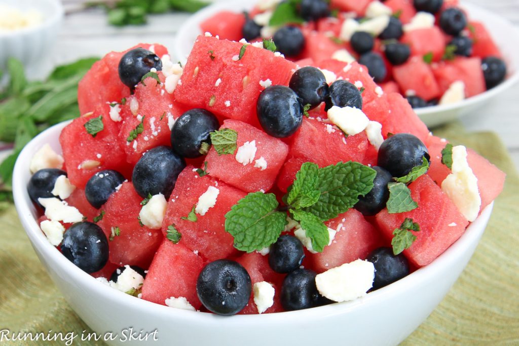 Watermelon Blueberry Salad with Feta in a bowl.