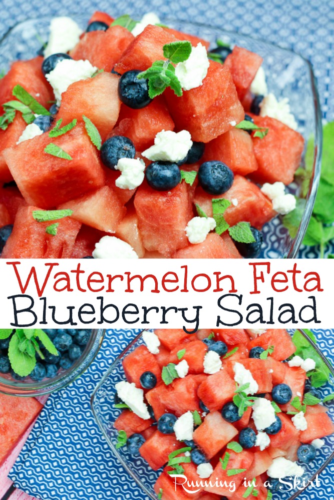 Watermelon Feta Blueberry Salad - This is the best watermelon salad with feta cheese and mint.  This healthy summer fruit salad is topped with the perfect dressing option.  Vegan, vegetarian and gluten free. via @juliewunder