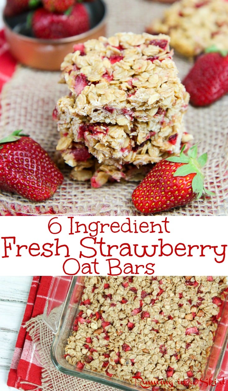 Healthy Fresh Almond Strawberry Bars recipe - Easy Only 6 Ingredients! Clean eating with oatmeal, coconut oil, honey, almond butter and almonds. These homemade, simple bars are perfect for snacks, breakfast or a sweet treat. No refined sugar or butter. /Running in a Skirt #strawberry #baking #recipe #healthy #oatmeal #cleaneating via @juliewunder
