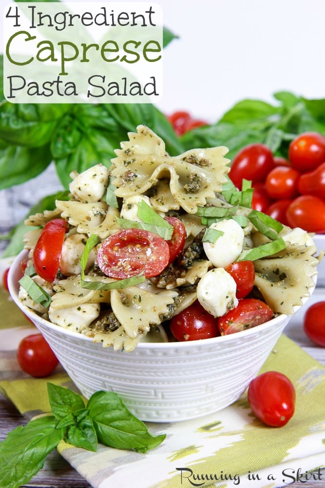 Caprese Pasta Salad with pesto - 4 Ingredient Pasta Salad Pinterest Pin
