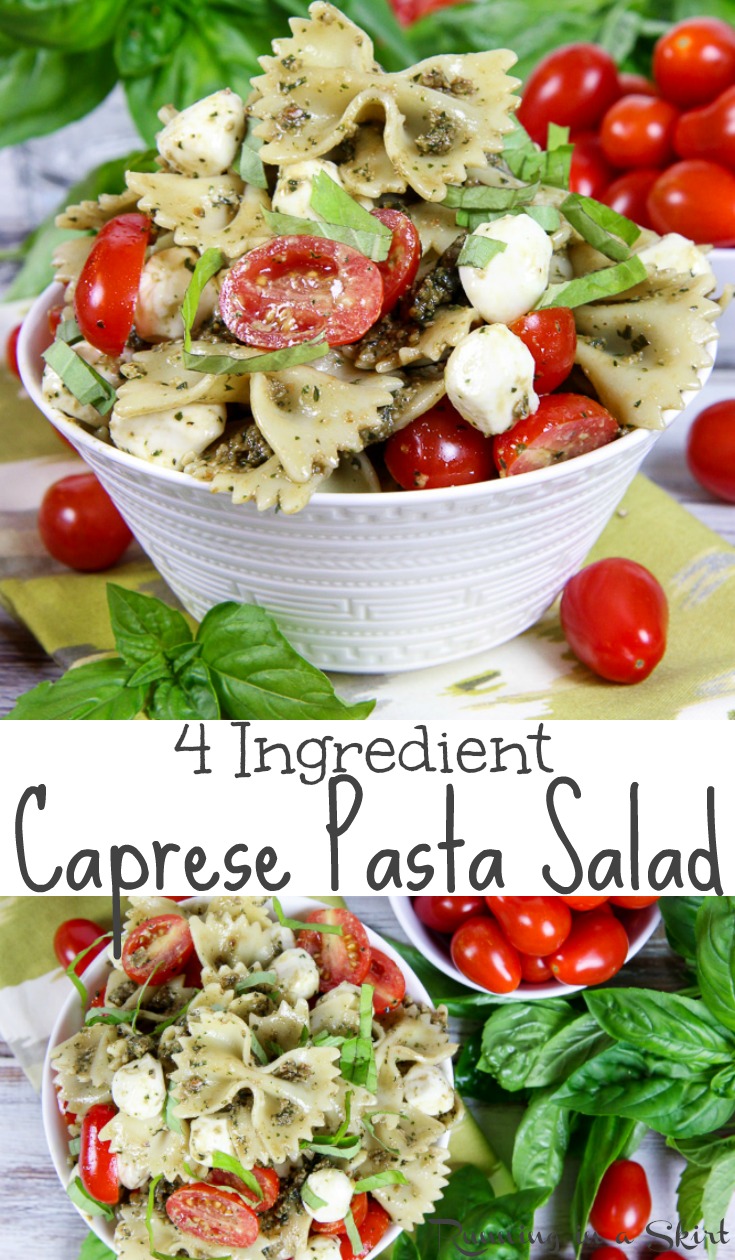 4 Ingredient Easy Caprese Pasta Salad with Pesto recipe - the best healthy, cold tomato mozzarella salad! A simple summer meals or lunch ideas. Perfect for a crowd or potlucks. Vegetarian. / Running in a Skirt #vegetarian #healthy #recipe #caprese #pasta via @juliewunder