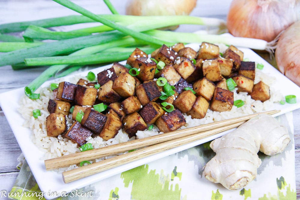 Crispy Asian Baked Tofu recipe on a white plate.