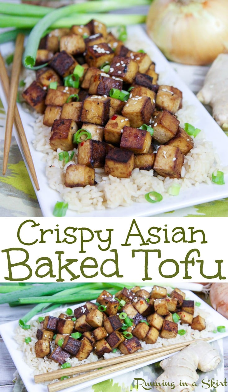 Crispy Oven Baked Asian Tofu recipe - the perfect healthy vegan dinner. This oven baked tofu is easy, simple and tastes amazing. Flavored with soy sauce, ginger, sesame oil and other flavors. Perfect with a stir fry. Gluten free, vegetarian, vegan and low carb. / Running in a Skirt #vegan #vegetarian #cleaneating #tofu #recipe #healthy via @juliewunder