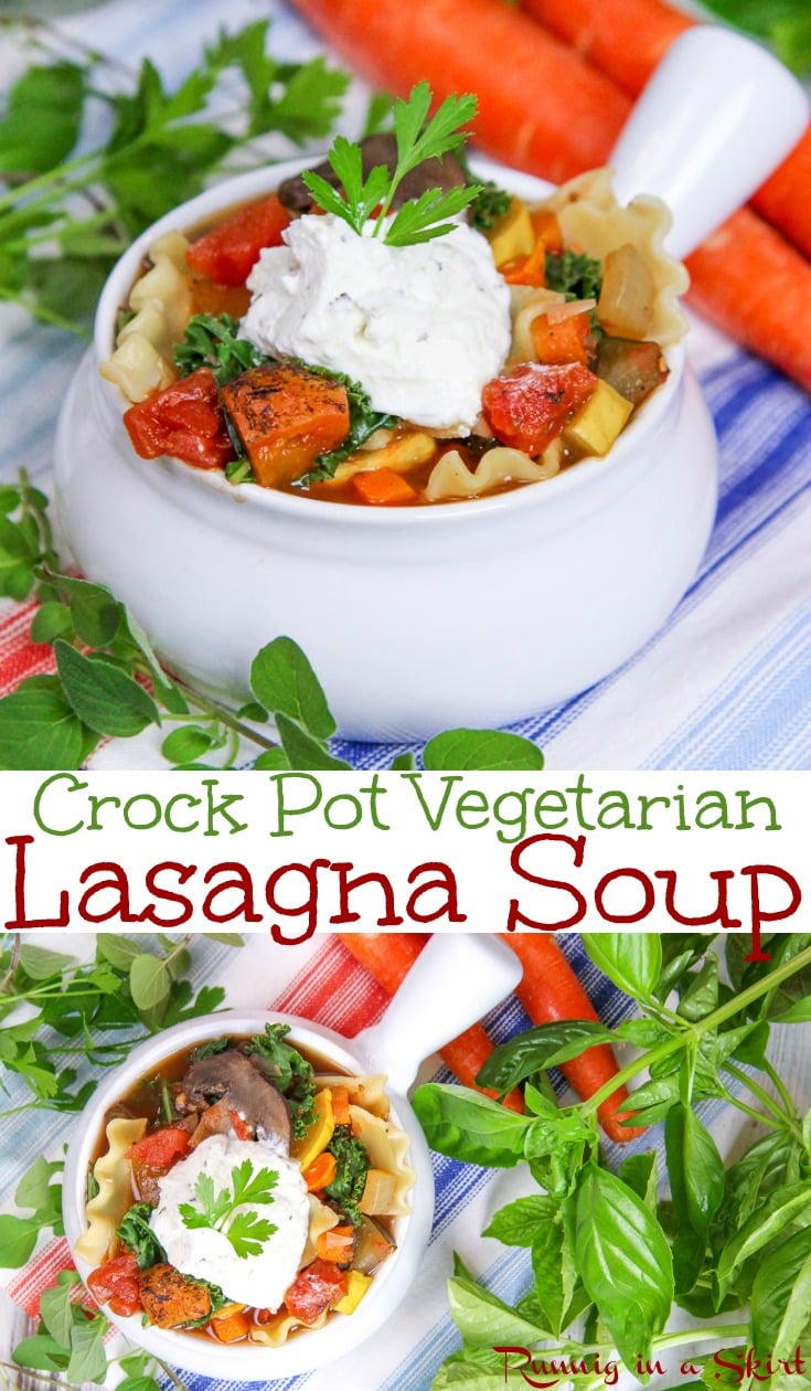 Crockpot Vegetarian Lasagna Soup recipe - for the slow cooker or instant pot! Healthy, simple & clean eating - packed with veggies like tomato and zucchini, pasta noodles and topped with herbed ricotta cheese. Great for crock pot dinners for families. / Running in a Skirt #vegetarian #slowcooker #crockpot #lasagna #dinner #recipe via @juliewunder